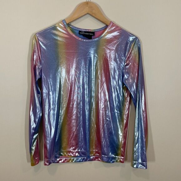 No Boundaries Rainbow Satin Long Sleeve Top Crew Neck Size Small Colorful Y2K - Picture 2 of 10
